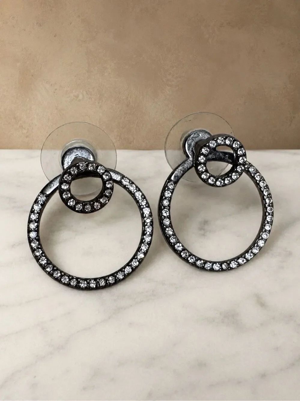 Gunmetal Crystal Pavé Convertible Circle Drop Earrings Statement Hoop Studs